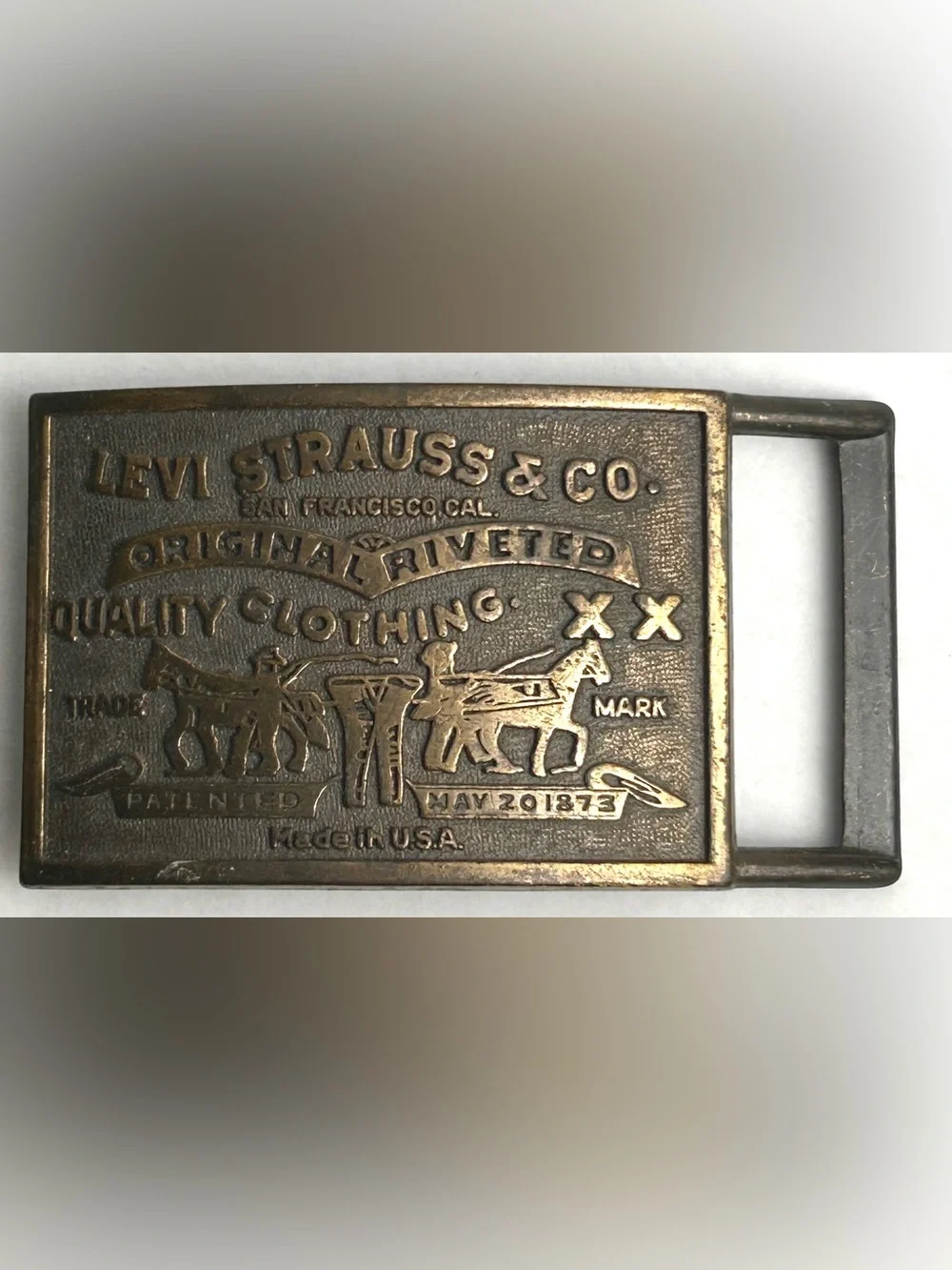 Vintage Levi Strauss Original Riveted XX Brass Belt Buckle Two Horse Western